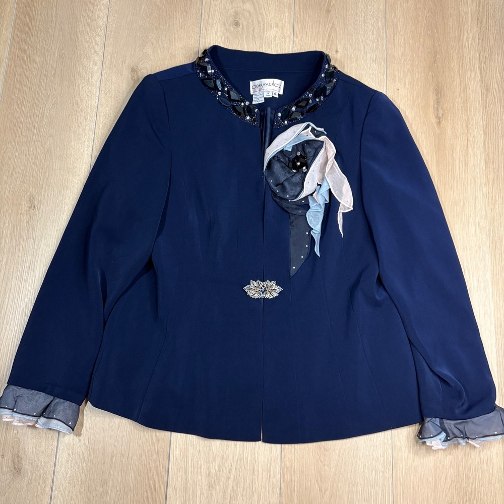 Donna Vinci Navy Blue Jeweled Collar Jacket Floral Corsage Brooch Blazer Size 12